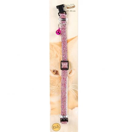 Zgardă ajustabilă cu sclipici și clopoțel pentru pisici, Kats, 20-30 cm, roz