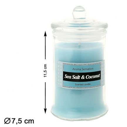 Lumânare decorativă cu aromă de sare de mare și cocos, Aroma Sensation, 7.5x11.5 cm, albastră