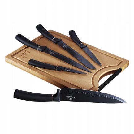 Set 5 cuțite bucătărie din inox și tocător din bambus